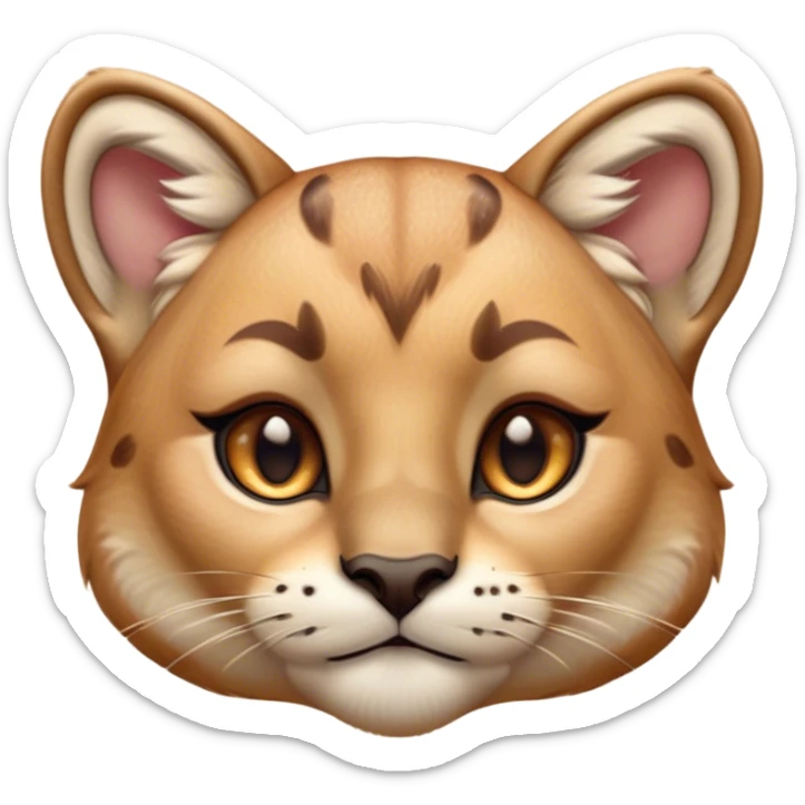 Cinematic Cute Cougar Portrait Emoji, Head tilted playfully and inquisitively, featuring a glossy, tawny Fur with delicate dark markings and round, sparkling amber eyes filled with curious mischief, Simplified yet irresistibly adorable features, highly detailed, glowing with a warm, friendly glow, high shine, affectionate and agile, stylized with a touch of wilderness whimsy, bright and endearing, soft glowing outline, capturing the essence of a mischievous yet loving cougar, so playful it feels like it could prowl out of the screen and into your arms! sticker