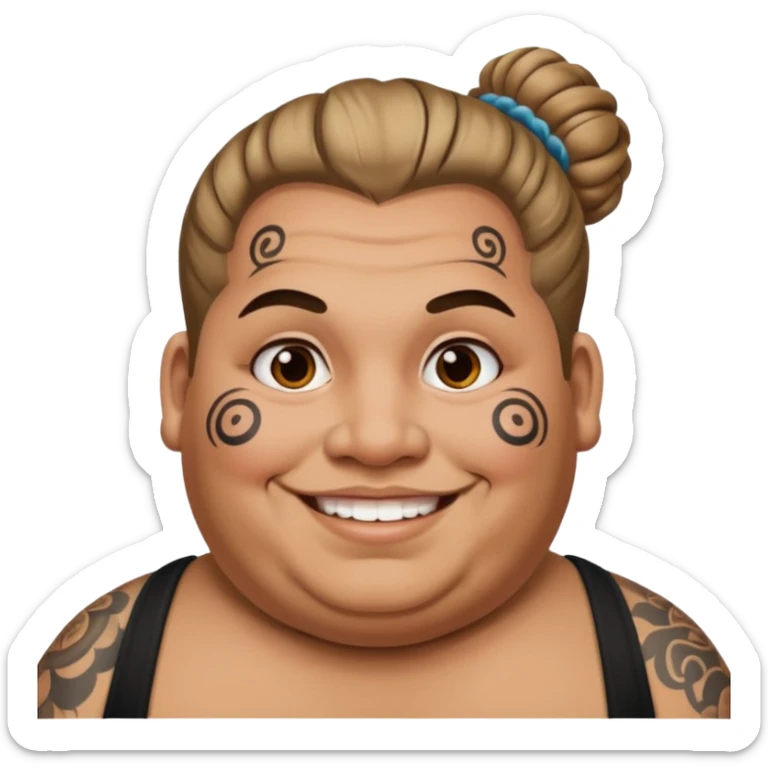 obese man with lots of face tattoo and hair bun sticker