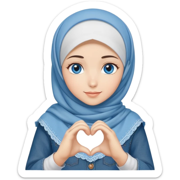 Turkish beautiful finish Konya girl blue eyes with denim hijab islamic dress and making heart with hands and with thank you text sticker