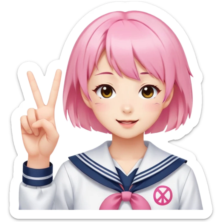 Energetic anime girl with short pink hair wearing Japanese sailor style school uniform, winking and making double peace signs, very cheerful and bubbly, kawaii style sticker