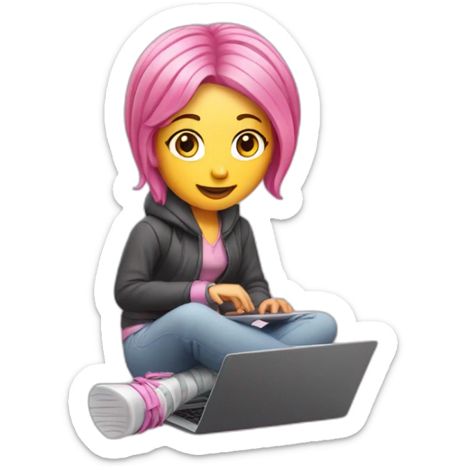 lady with pink hair skis in her feet Holding a laptop sticker