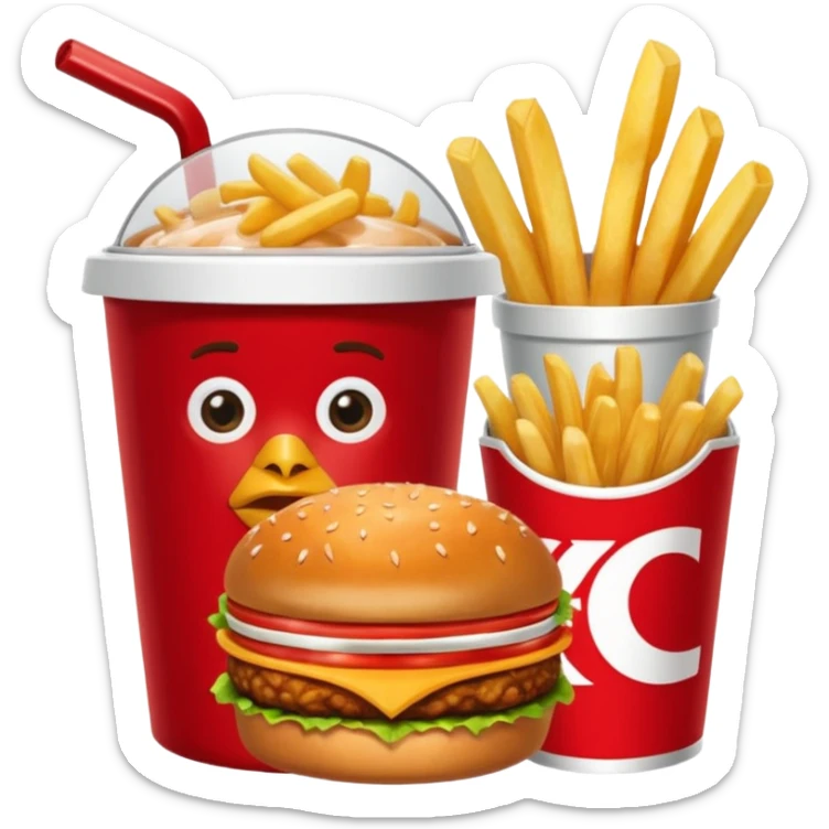 Plateau rouge avec dessus une bucket de poulet KFC , des frite dans un pot, un burgers et un coca sticker