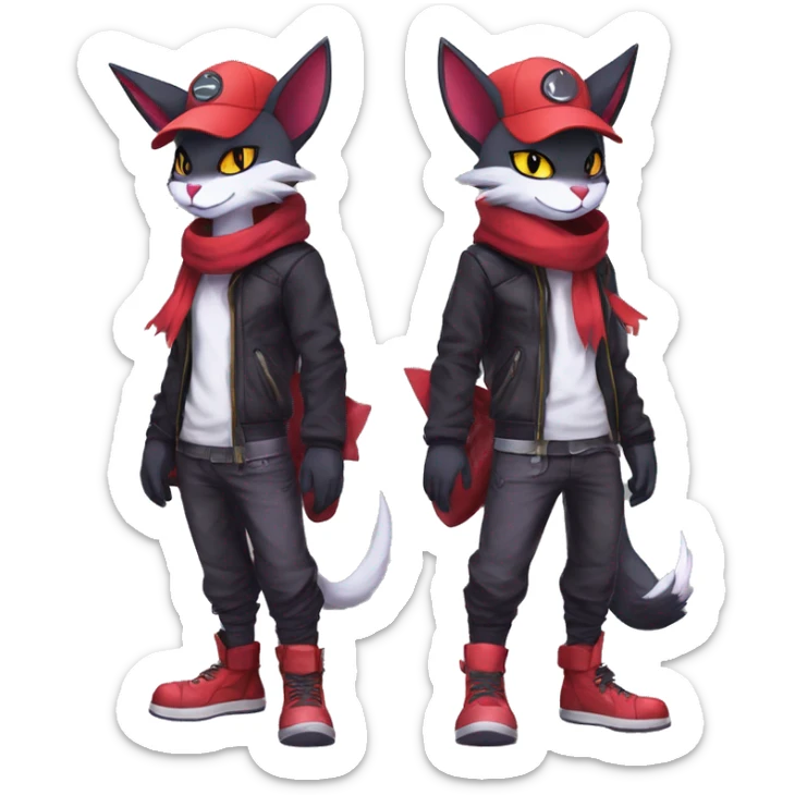 Cool Anthro Noibat-Zangoose-Litten-Sphynx-Feline-Pokémon with red scarf punk techwear cool fiddler-hat Full Body sticker