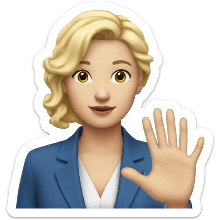 a woman with blonde hair and flesh-colored skin in a blue suit saying goodbye with her hand sticker