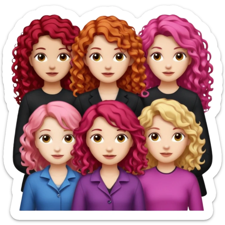 5 girls, one curly redhead, one with brunette dyed blonde hair, one long haired wavy brunette, one mid-length haired brunette, and one black haired girl with partially dyed bright red/pink hair sticker