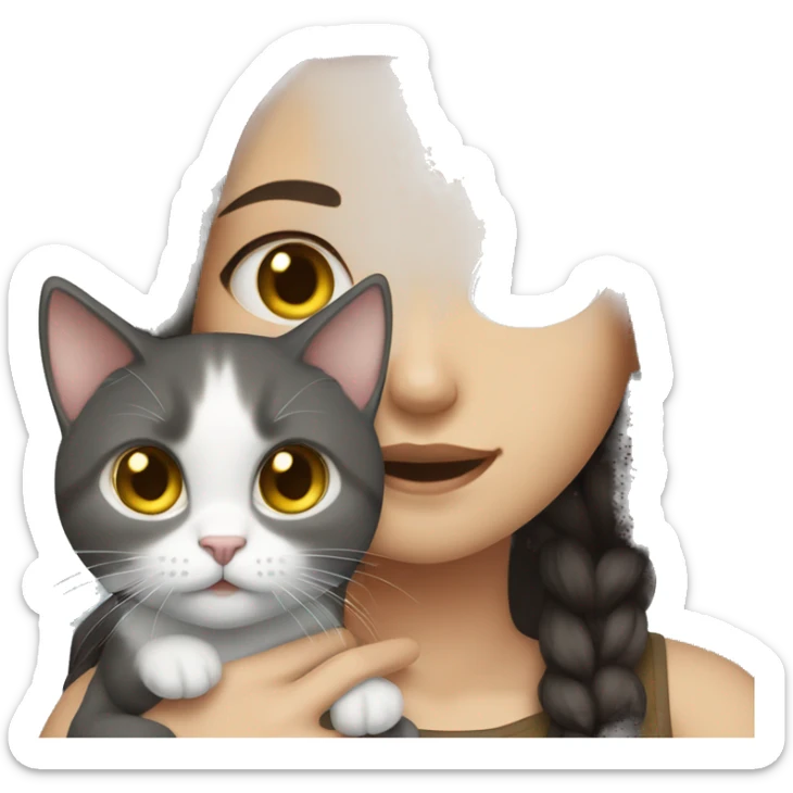 Girl with long dark brown hair and blue eyes holding a gray cat with yellow eyes sticker