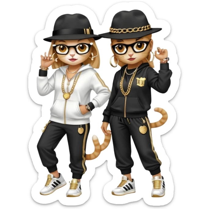 female cat wearing Run DMC hip-hop outfit with tracksuit, fedora, Adidas sneakers, many gold chains, rings, bracelets, flashy earrings, dancing with a friend, no sunglasses sticker