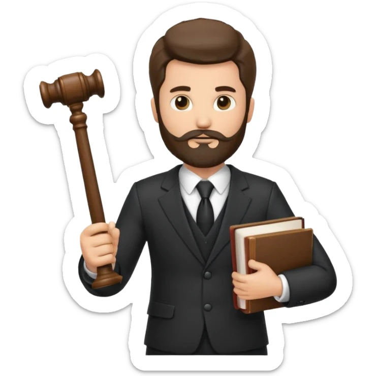 Create a male lawyer. he is wearing a fromal suit jckeret. He is holding a gavel in one hand and a book tucked under his another arm. He has beard. And the hair is kinda darker but not black. and is kinda short at the layers sticker