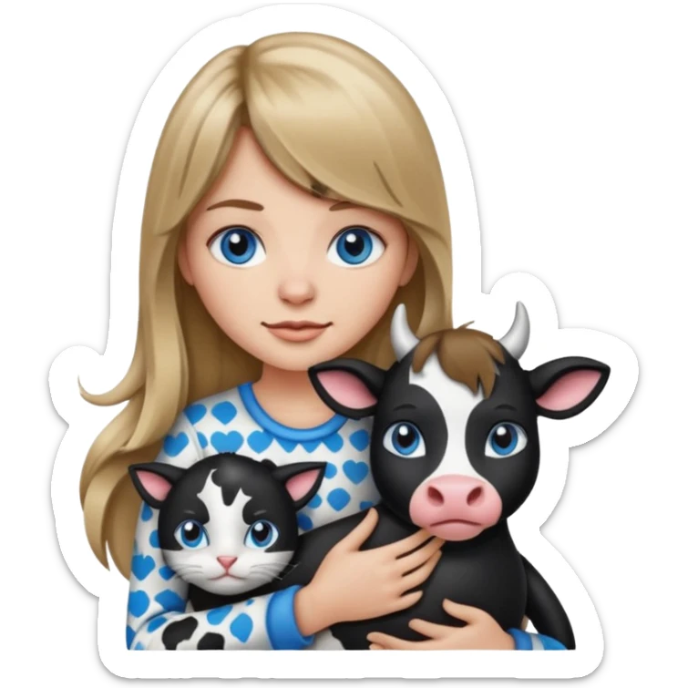 Apple-style emoji sticker of a young woman with long dark blond hair and bang, blue eyes , holding a cat black and white like a cow patch on her chest.  sticker