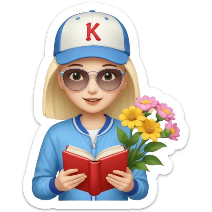 ["A happy girl with light skin, bald, wearing a baseball cap and sunglasses, dressed in K-pop fashion, is reading a book while holding a flower bouquet."] sticker