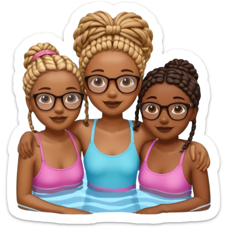 3 black girls im the pool having fun, one is tall caramel skin and slim with glasses and coller bone mini twists, the other is dark skin with no glasses and neck shoulder length mini twists and the last girl is short and chubby with box braids and no glasses  sticker