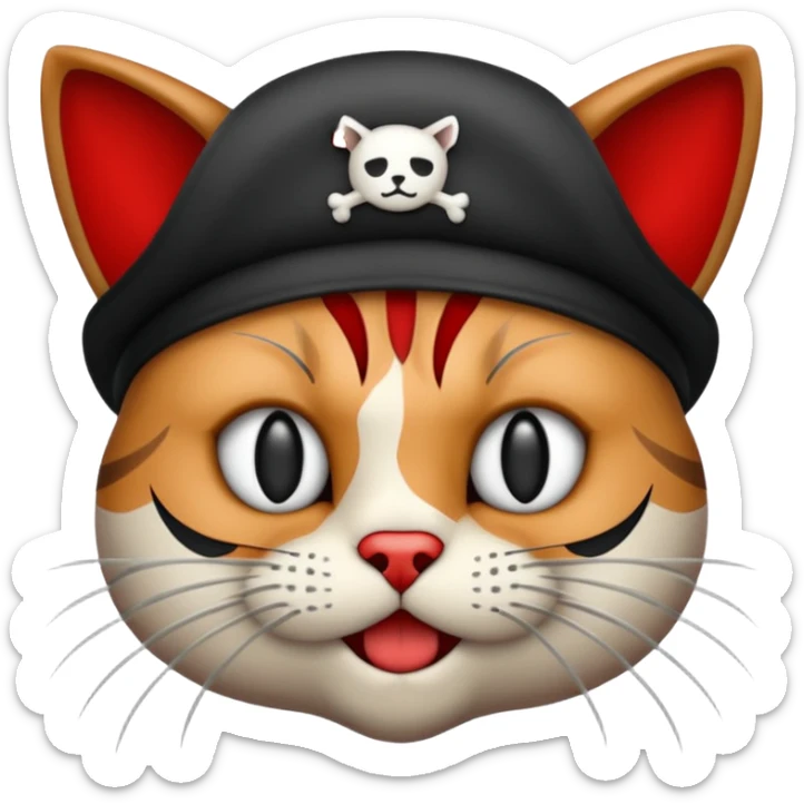 Vintage 1930s cartoon style emoji, cat, pirate aesthetic, thick black outlines, rubber hose animation style, monochrome with red accents, grainy paper texture, white background --v 6.0 sticker