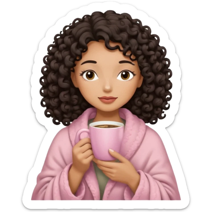 woman with medium tan sand tone, black mid length 3b curls, closed eyes, feminine face, holding soft pink coffee cup with beige blanket over shoulders sticker