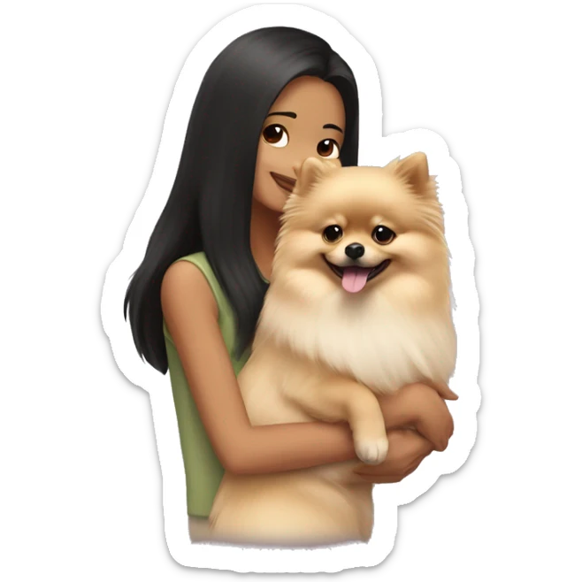 A cream-colored Pomeranian dog in the arms of a dark-haired girl sticker