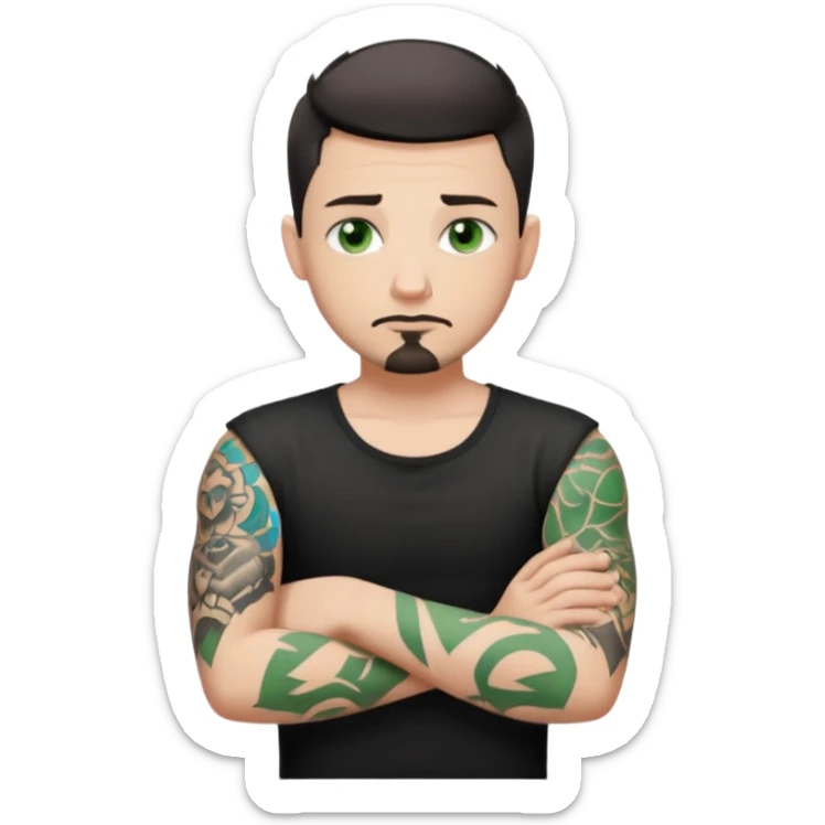 White young man with short black taper fade hair cut and slight goatee and neutral expression with his arms folded. Green eyes and arm tattoos sticker