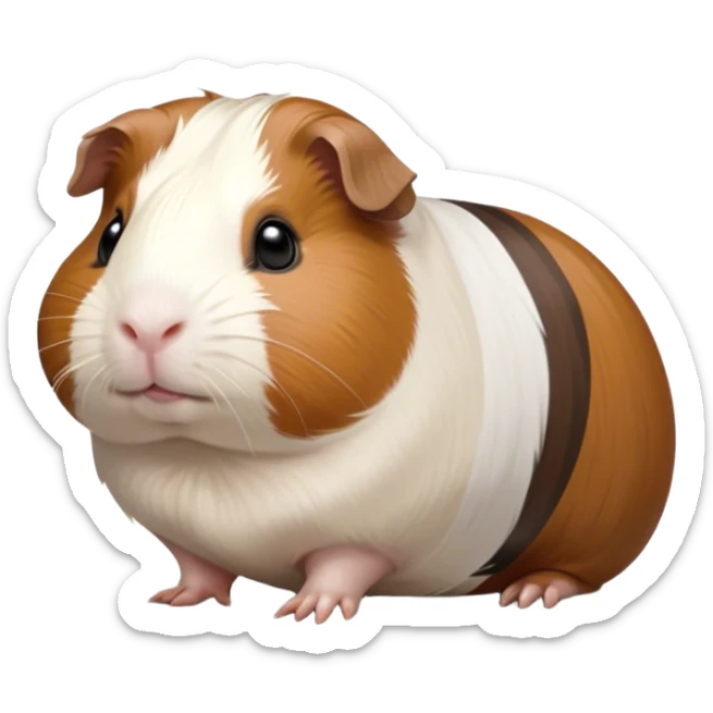 Cinematic Noble Brown and White Banded Guinea Pig Portrait Emoji, Poised and regal, with a compact, chubby build and a uniquely patterned coat of warm brown and crisp white banding, deep-set soulful dark eyes, Simplified yet sharp and sophisticated features, highly detailed, glowing with a soft, dignified glow, high shine, intelligent and charming, stylized with an air of distinctive elegance, focused and attentive, soft glowing outline, capturing the essence of a watchful and confident companion, so majestic it feels as though it could scurry out of the screen with effortless authority! sticker