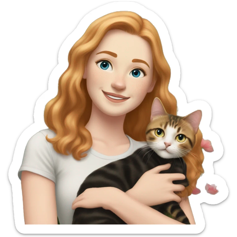 Females, Strawberry blonde shoulder length hair, 25 year old, blue eyes, lightly freckled, smiling at the camera while holding a brown, black, and white tabby cat in her arms, standing outside with a garden and trees in the background  sticker