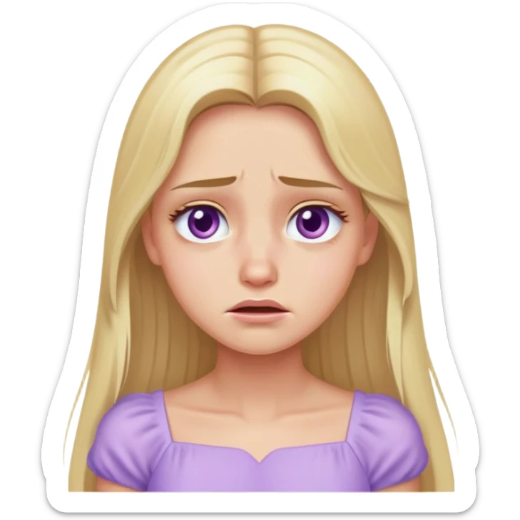 crying face blonde model, hazel eyes, sleek long hair, pastel purple dress sticker