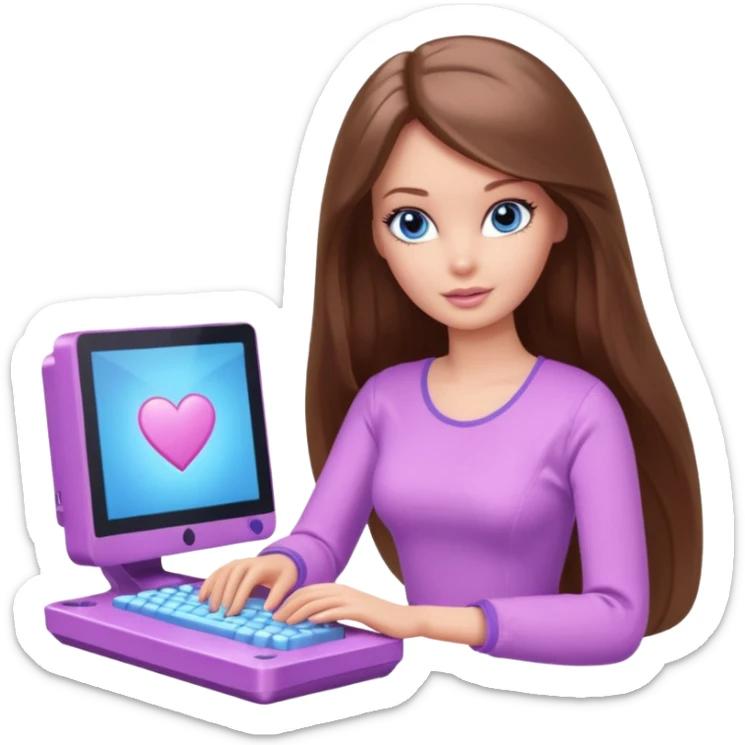 beautiful barbie girl with long brown hair, blue eyes and wearing light purple clothes playing computer games sticker