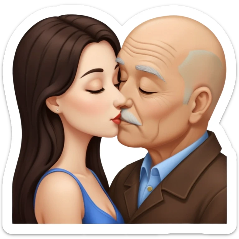 Beautiful woman with long dark hair, kissing a brown old bald man sticker