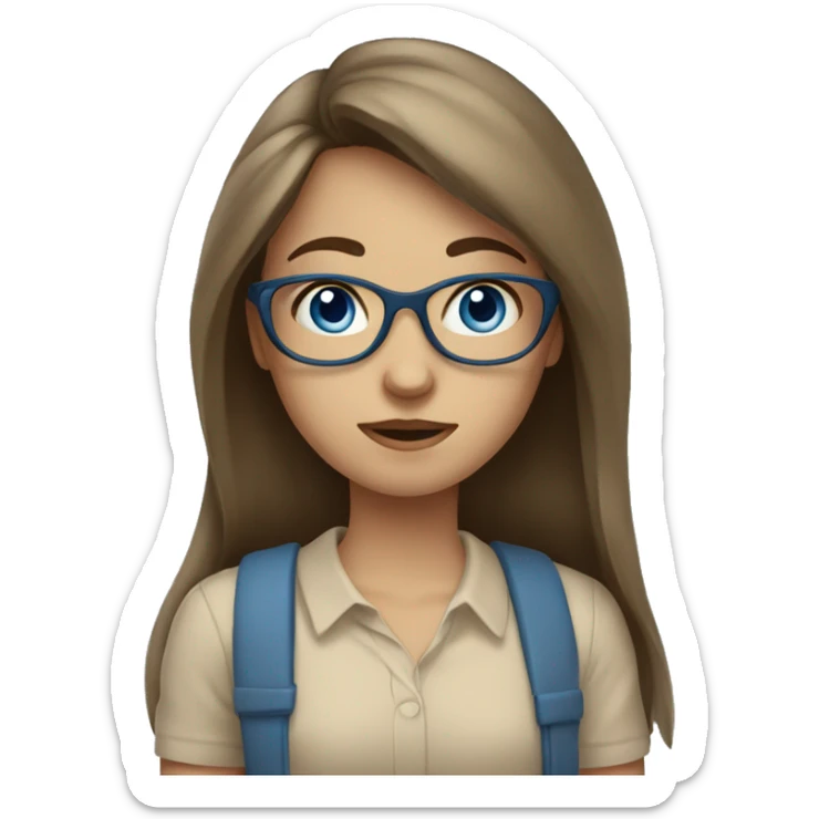 girl with brown long hair and bangs, blue eyes, glasses, beige shirt sticker