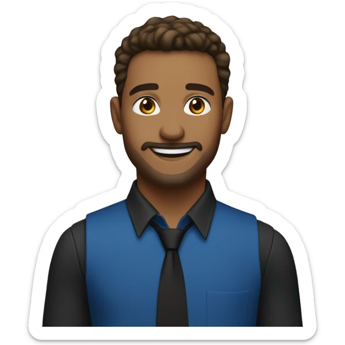 A man who looks about 25 years old, light-skinned with well-groomed brown hair and a slight goatee. He is wearing a blue shirt, a gold tie, and a black vest. He is smiling. sticker