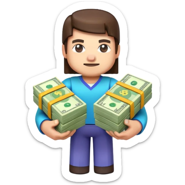 emoji style icon, minecraft blocky character holding a stack of money, pixel art style, bright colors, simple background, 3D glossy emoji, centered composition, soft shadow, high detail, clean outline, white background sticker