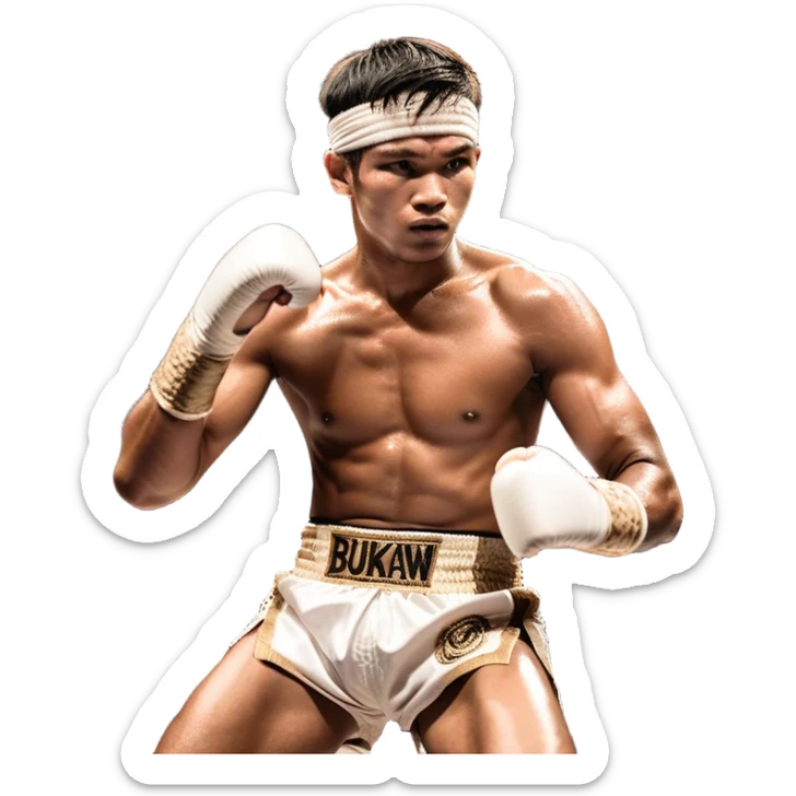​Cinematic Realistic Traditional Muay Thai Fighter such as Buakaw Banchamek, depicted in authentic attire featuring white bandaged gloves wrapped around his fists, a traditional headband tied neatly, and classic Muay Thai shorts, captured in a dynamic fighting stance under dramatic, high-energy lighting that highlights the raw power and elegance of the art, sticker