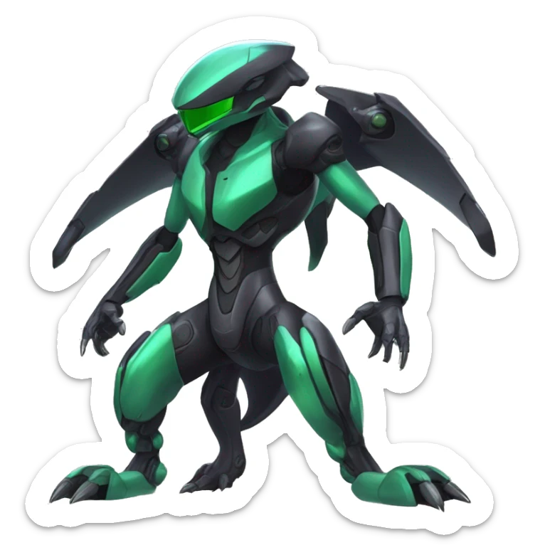 a shiny black-green Genesect-Raptor-Fakémon—hybrid with a futuristic visor-helmet full body sticker