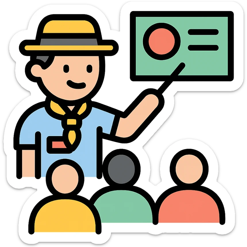 color outline icon of a travel guide giving a talk to a group of people, clear details of the guide and the group sticker