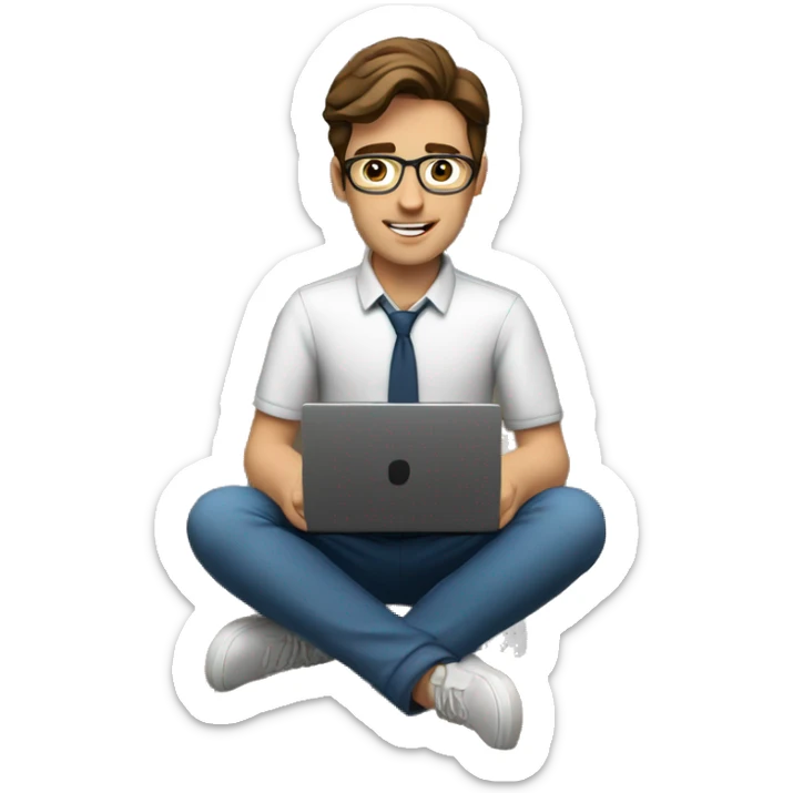 A young teacher (man) with brown hair with a laptop. No glasses. The background is a modern bookshelf.  sticker