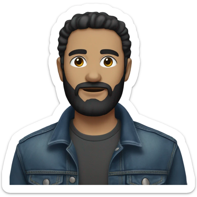 person with a black beard. No moustache. White skin tone. Nice black hair. Denim dark blue jacket sticker