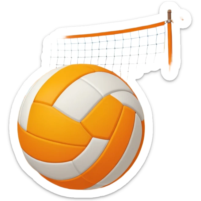The scene captures a sunny sea beach atmosphere with clear blue sea and sky, palm trees swaying. A volleyball resting on the orange sand ground of a beach, with a volleyball net in the background.  sticker
