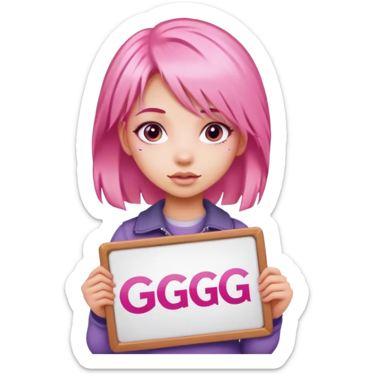 girl with pink hair, big sign, sign says GG sticker