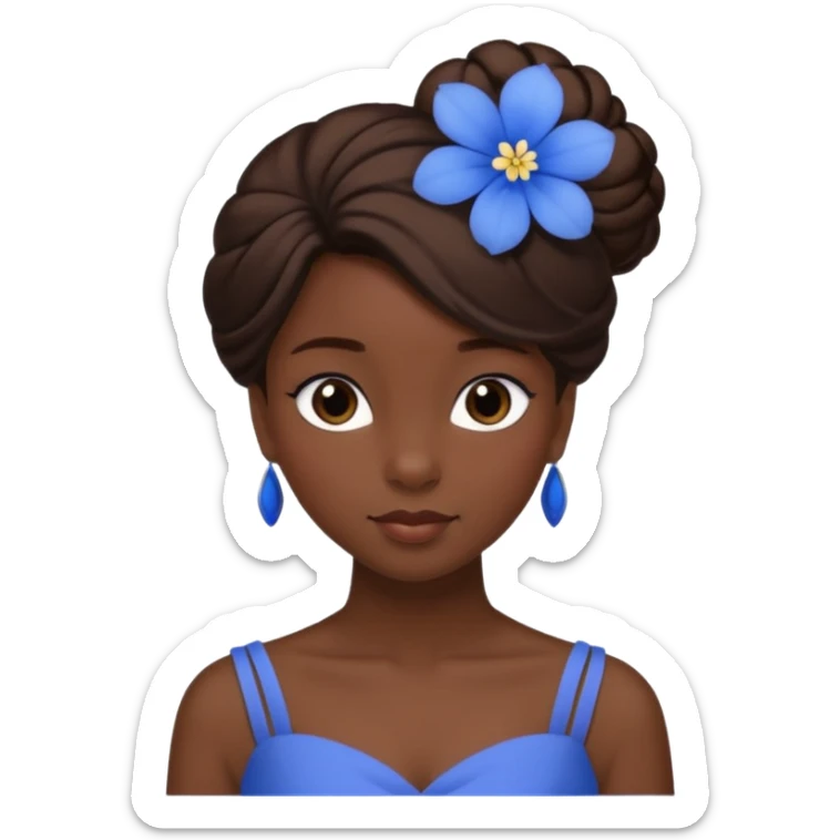 tạo cho tôi emoji tạo hình của công chúa da đen tóc nâu búi tóc 1 bên trên đỉnh đầu, cô ý cài hoa màu xanh sticker