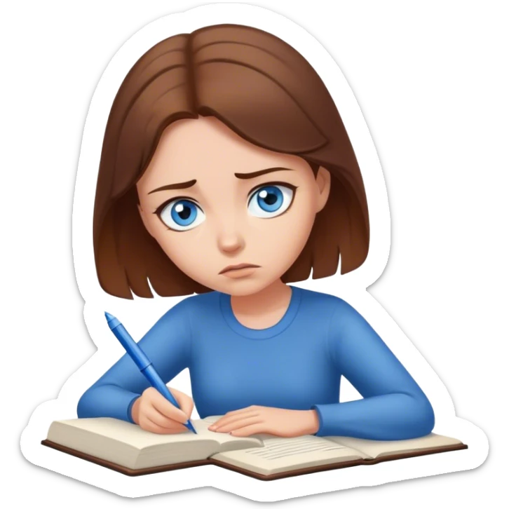 female writer, romantic, with brown hair, fair skin and blue eyes writing a book with a worried face sticker