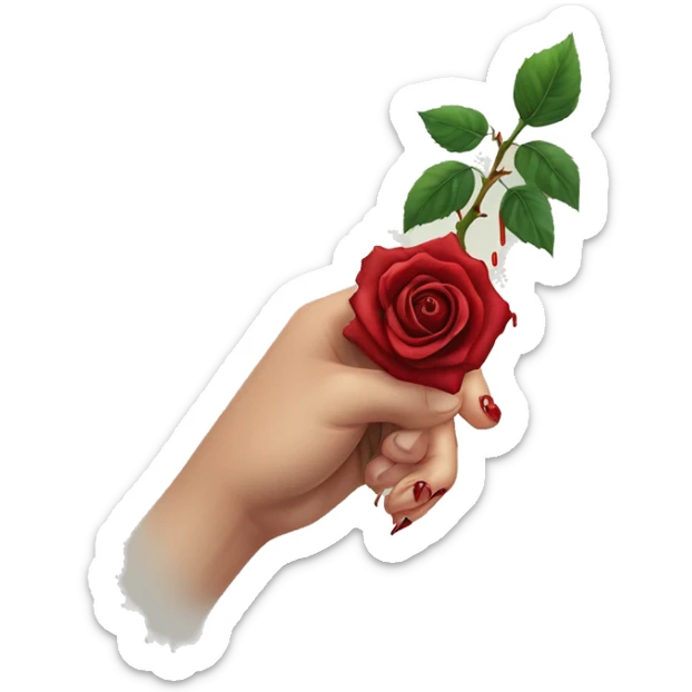 An image of a hand holding a rose, with a thorn piercing the skin, showing a small drop of blood, symbolizing the pain of beauty or love sticker