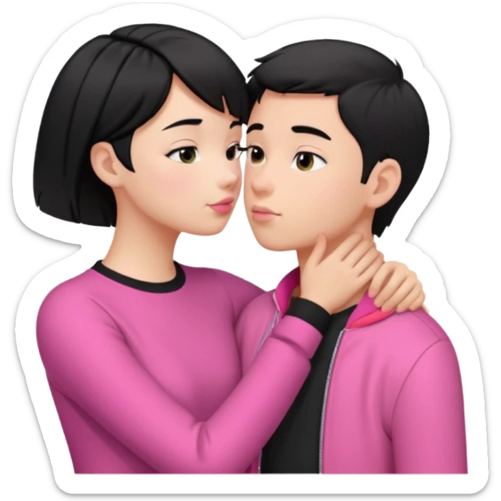 Un emoji de una. Chica linda adolescente vestido rosado pelo corto negro casi por los hombros besando a un chico lindo de pelo y ropa moderna sticker