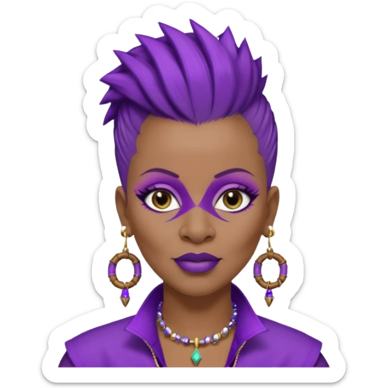 57yr old Qeen black woman with a natural hair mohawk style haircut adorning purple royalty clothing and purle lipstick and eyeshadow purple with a nose ring studs on each side. Wearing bamboo earr sticker