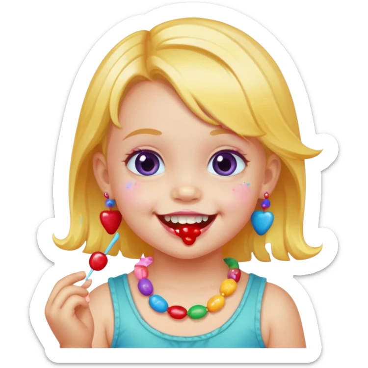 A toddler with candy necklace, grinning with colorful sugar stains on her mouth. sticker