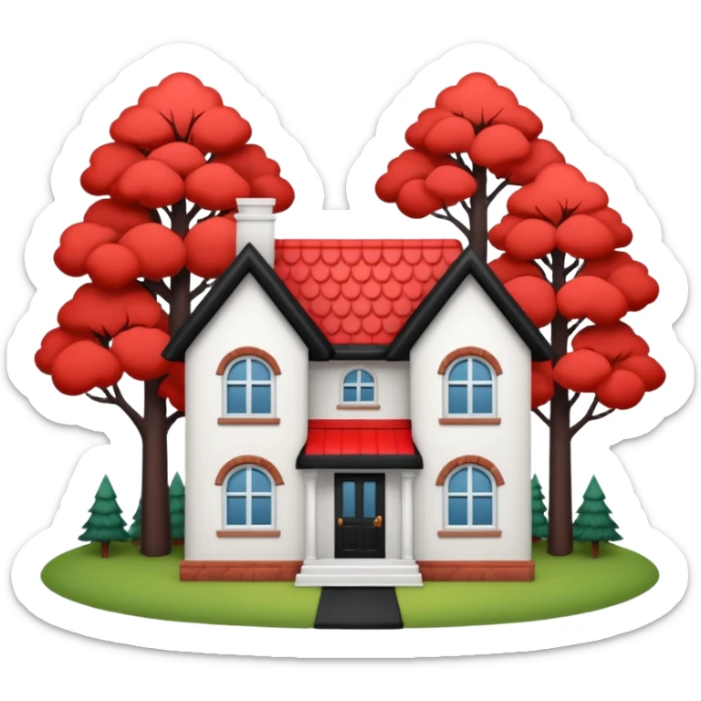 Dom z czarnym dachem i biała elewacja ze wstawkami z czerwonej cegły.Na drugim planie las. sticker