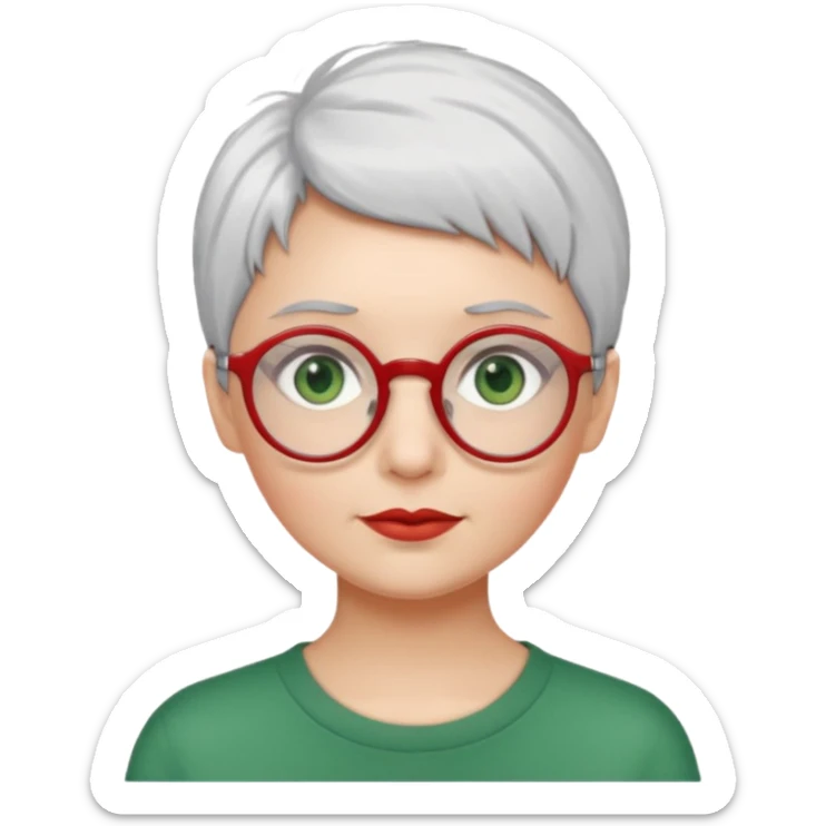 visage femme a lunettes ronde rouge fine avec cheveux courts gris-blancs aux yeux verts sticker