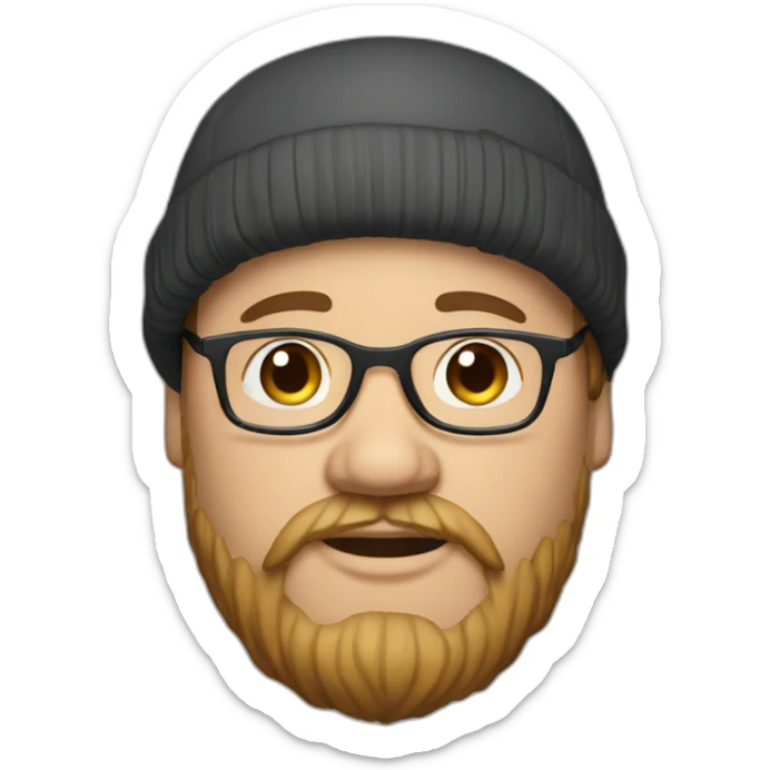 Overweight man with dark hair wearing small beenie on head, beard and glasses. sticker