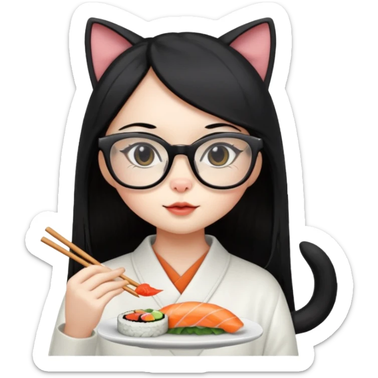 cute girl cat with long straight hair and really big square glasses with super thin frames eating sushi sticker