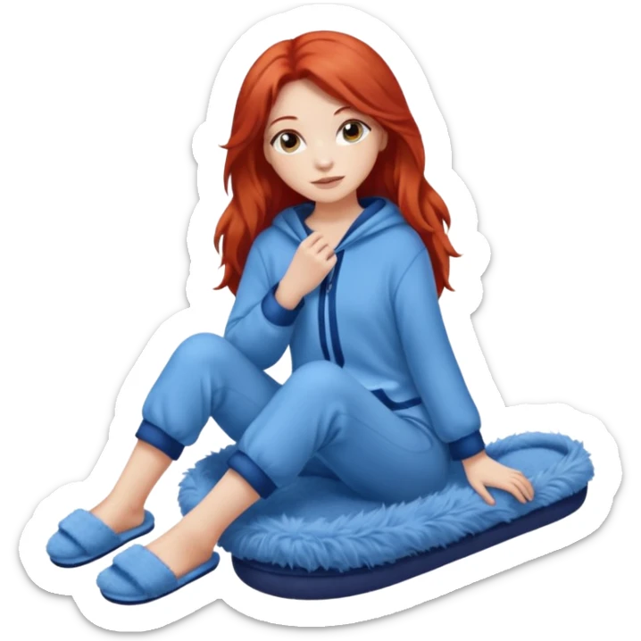 young woman with long red hear wearing comfy lounging outfit, wearing blue fuzzy slippers sticker