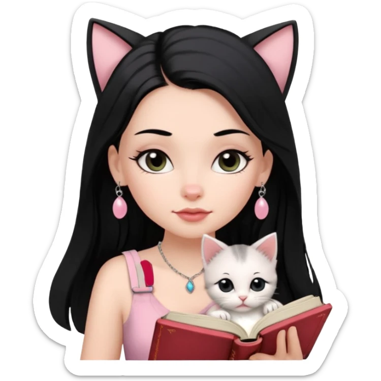 Menina branca ,cabelos pretos longos, olhos pretos puxados para cima. Cílios longos, lábios grossos ,nariz pequeno ,vestido rosa claro de alça. Colar e brinco bem pequeno. Lendo um livro com gatinho preto e branco. sticker