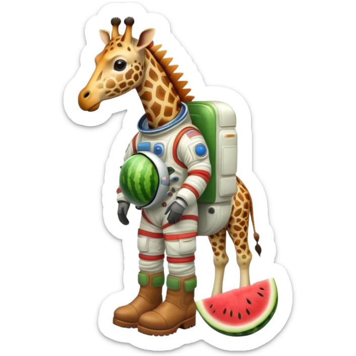 a round watermelon body with only the head of a giraffe sticking out, wearing brown boots and an astronaut helmet sticker