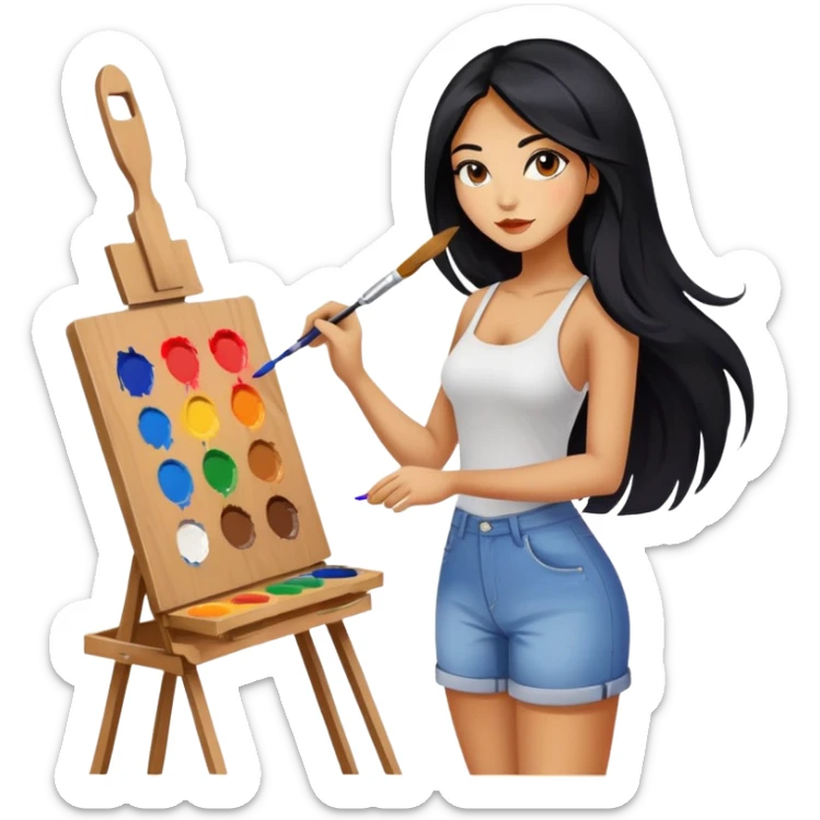 painting, easel, master piece, artist, long black hair tanned woman, paint pallet colors and paint brush, sexy sticker