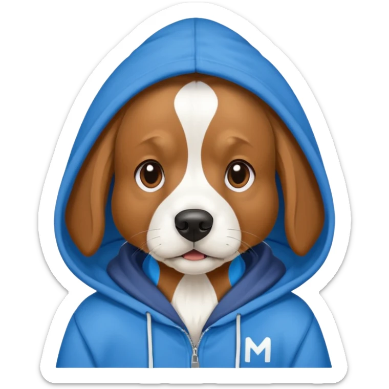 Dog wearing a Blue hoodie. And on the hood is a giant White M sticker