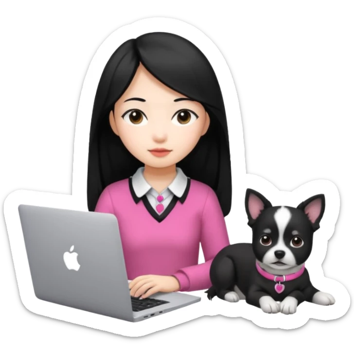 Blue back ground, Asian girl with long black hair working on an Apple laptop, next to her is a small black and white dog with pink collar on  sticker